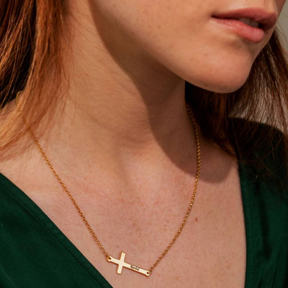 Side Cross Engraved Necklace in Gold Vermeil-5 product photo