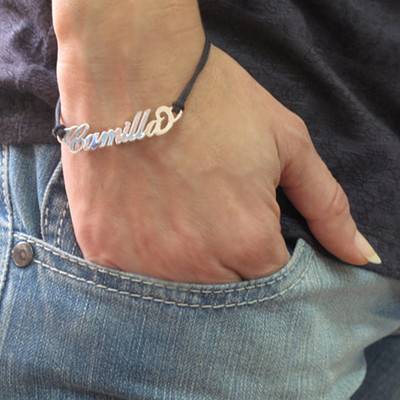 Silver Name Bracelet with Leather Style Cord-3 product photo
