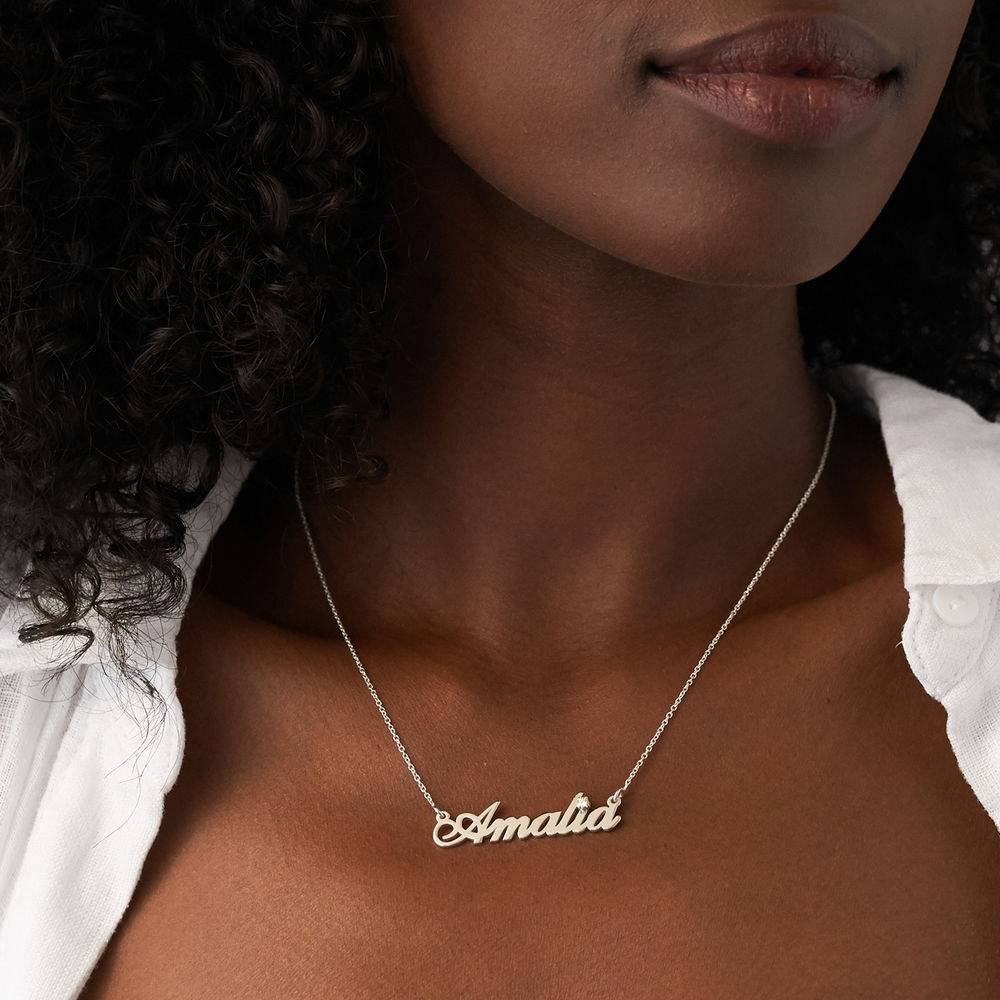 Hollywood Small Name Necklace in Sterling Silver with 5 Points Carats Diamond-4 product photo