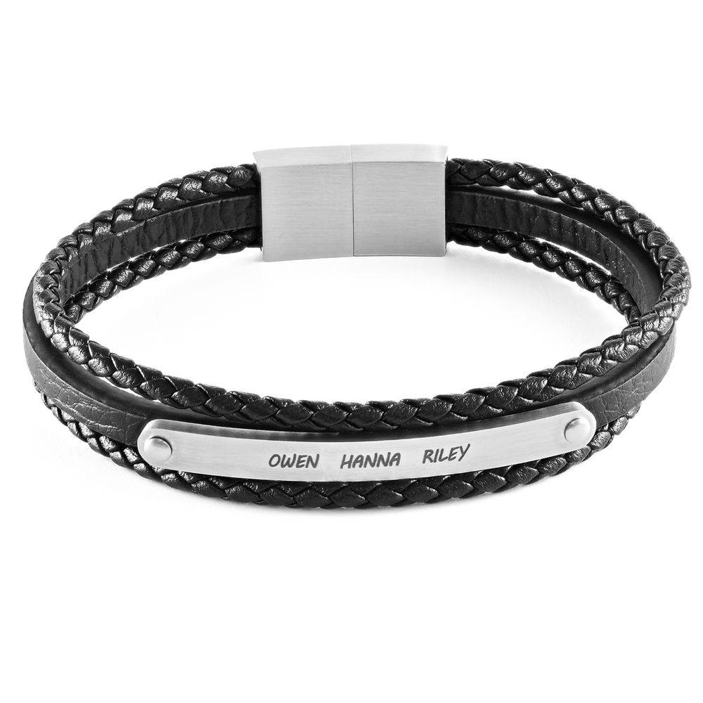 Stacked Black Leather Bracelets with an Engraved Bar-3 product photo