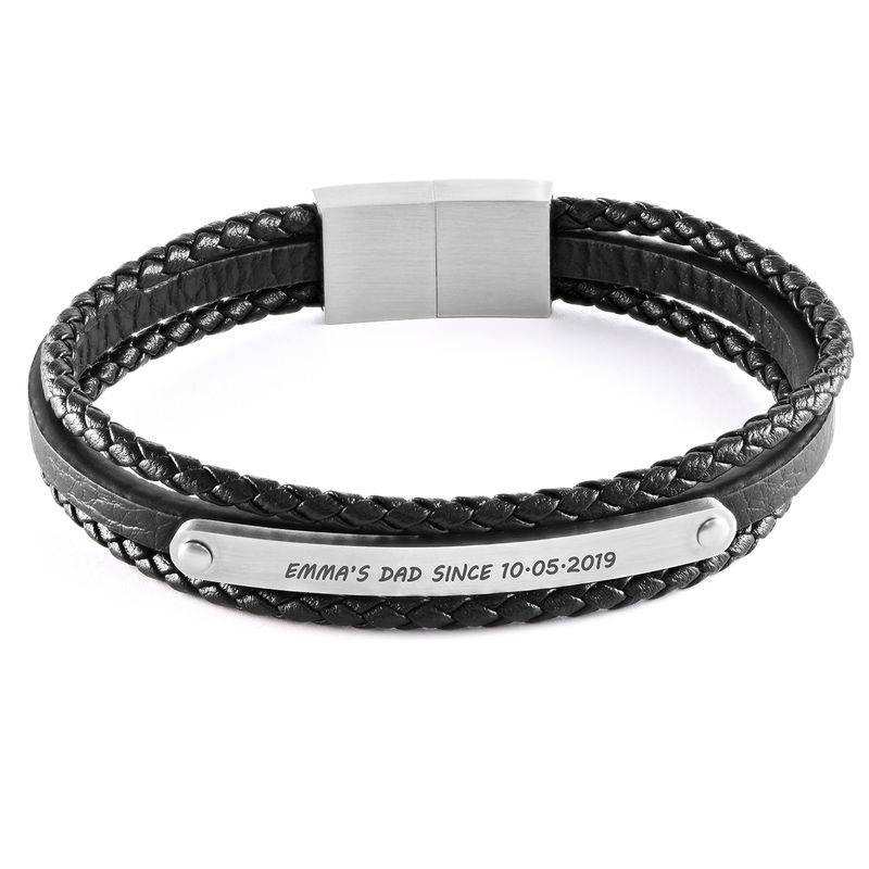 Stacked Black Leather Bracelets with an Engraved Bar-2 product photo
