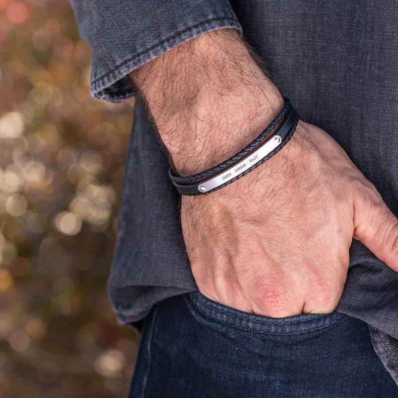 Stacked Black Leather Bracelets with an Engraved Bar-4 product photo