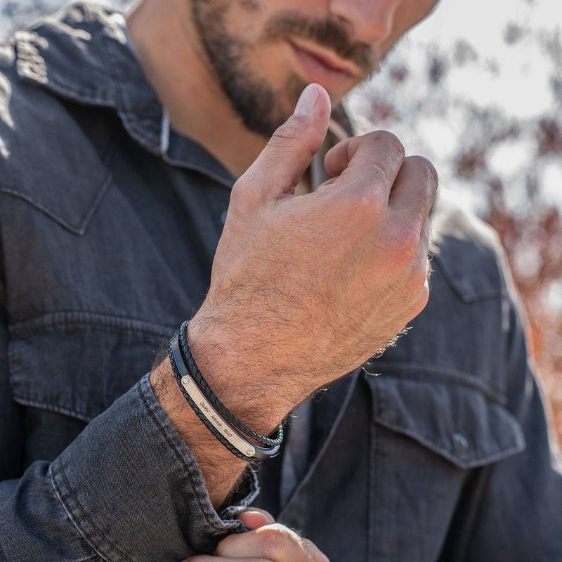 Stacked Black Leather Bracelets with an Engraved Bar-5 product photo