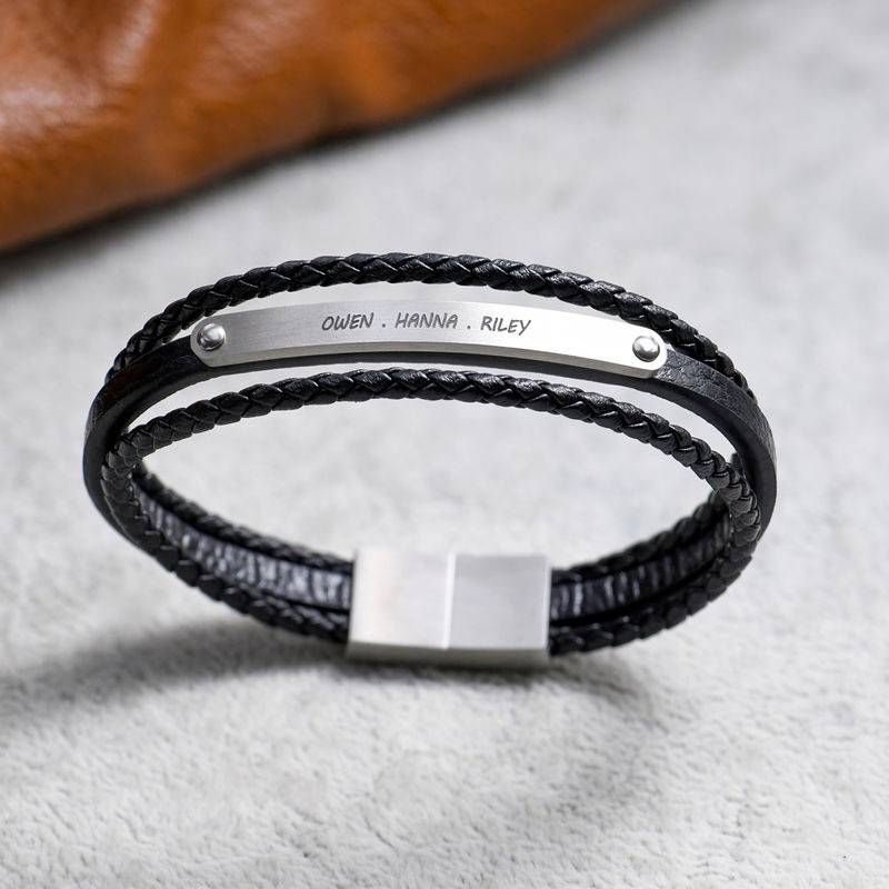 Stacked Black Leather Bracelets with an Engraved Bar-6 product photo