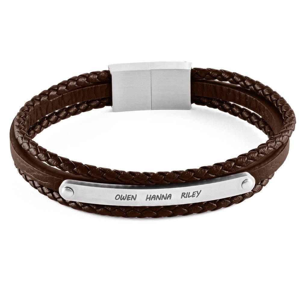 Stacked Brown Leather Bracelets with an Engraved Bar-1 product photo