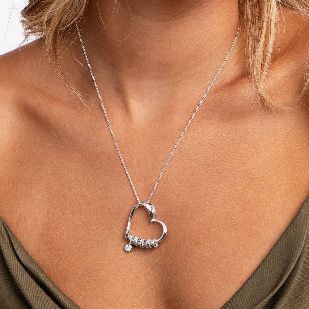 Charming Heart Necklace with Engraved Beads & Diamond in Sterling Silver-2 product photo