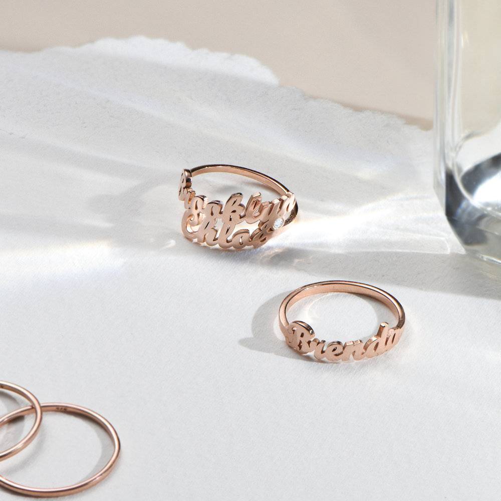 Script Double Name Ring with Diamond in 18K Rose Gold Plating-4 product photo