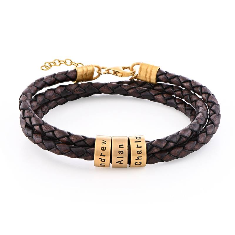 Women Braided Brown Leather Bracelet with Small Custom Beads in 18k Gold Plating product photo