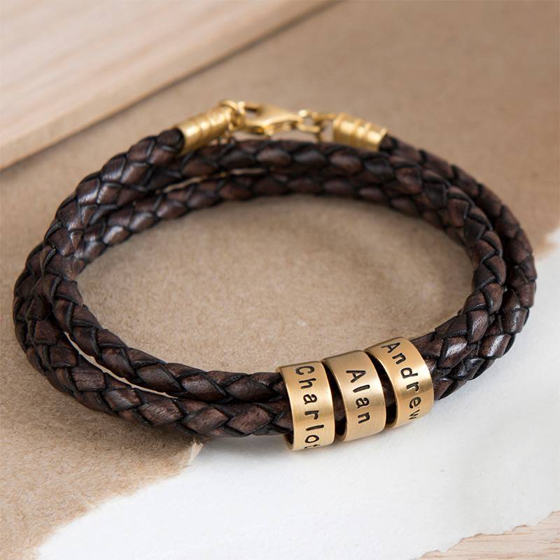 Women Braided Brown Leather Bracelet with Small Custom Beads in 18k Gold Plating product photo