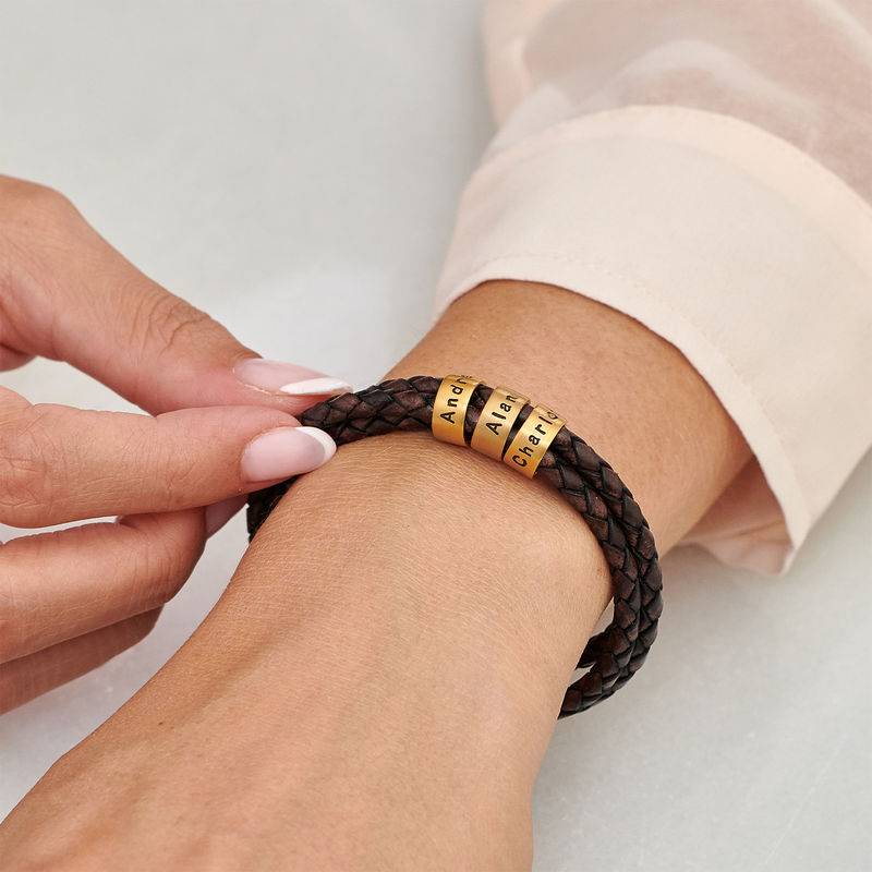 Women Braided Brown Leather Bracelet with Small Custom Beads in 18k Gold Vermeil-4 product photo