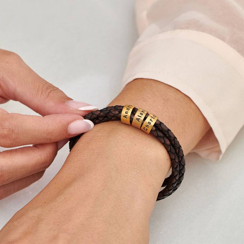 Women Braided Brown Leather Bracelet with Small Custom Beads in 18k Gold Vermeil-3 product photo