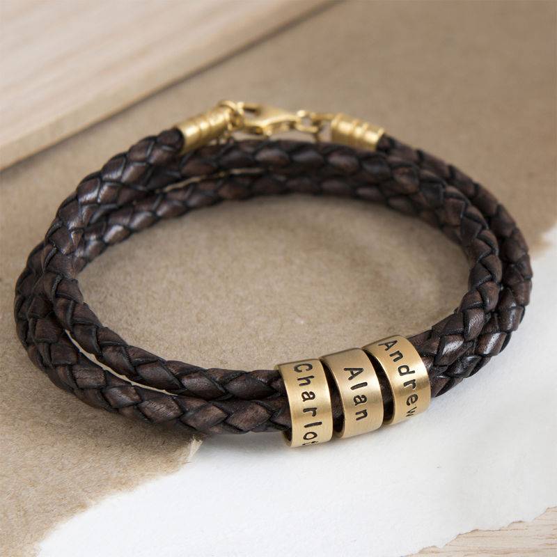 Women Braided Brown Leather Bracelet with Small Custom Beads in 18k Gold Vermeil-5 product photo