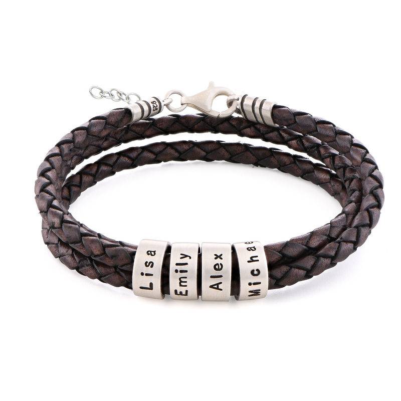 Women Braided Brown Leather Bracelet with Small Custom Beads in Silver-3 product photo