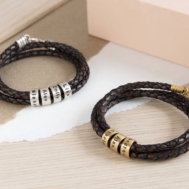 Women Braided Brown Leather Bracelet with Small Custom Beads in Silver-1 product photo