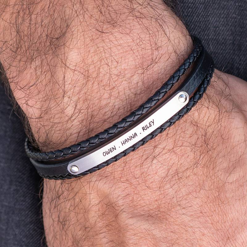 Stacked Black Leather Bracelets with an Engraved Bar
