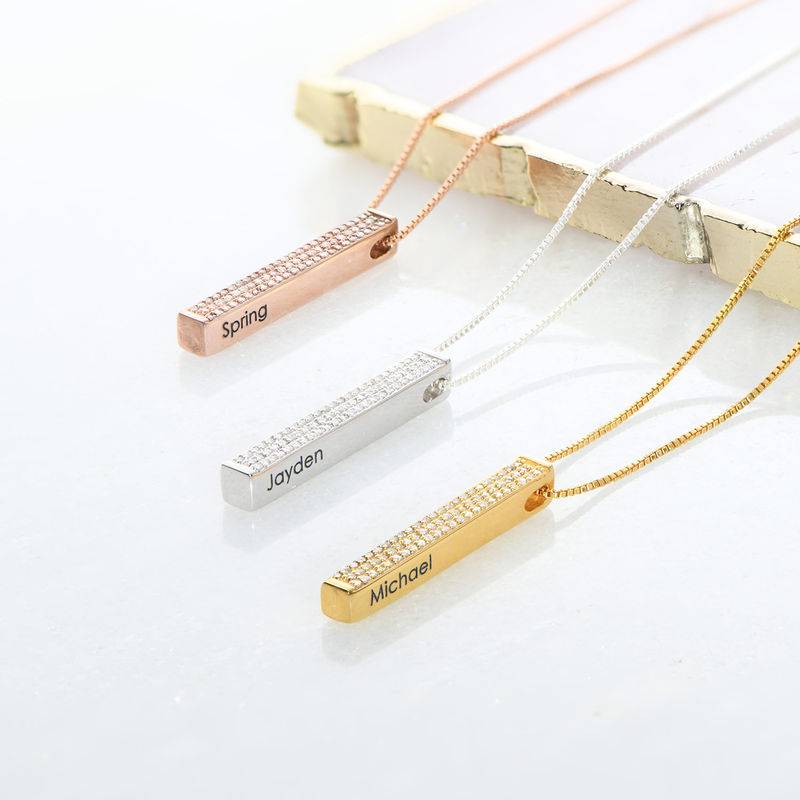 Vertical 3D Bar Necklace with Cubic Zirconia in Rose Gold Plating