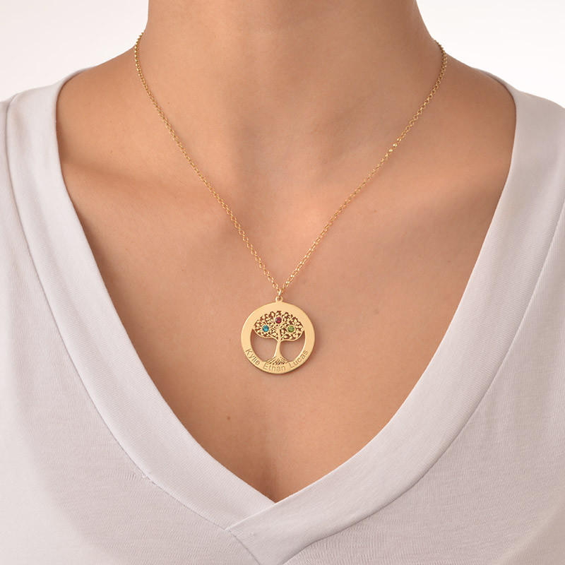 Gold Plated Tree of Life Necklace with Birthstones - 3