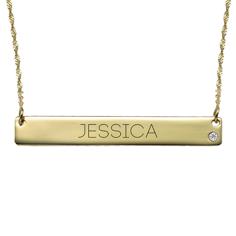 14K Gold Bar Necklace with Diamond & Engraving