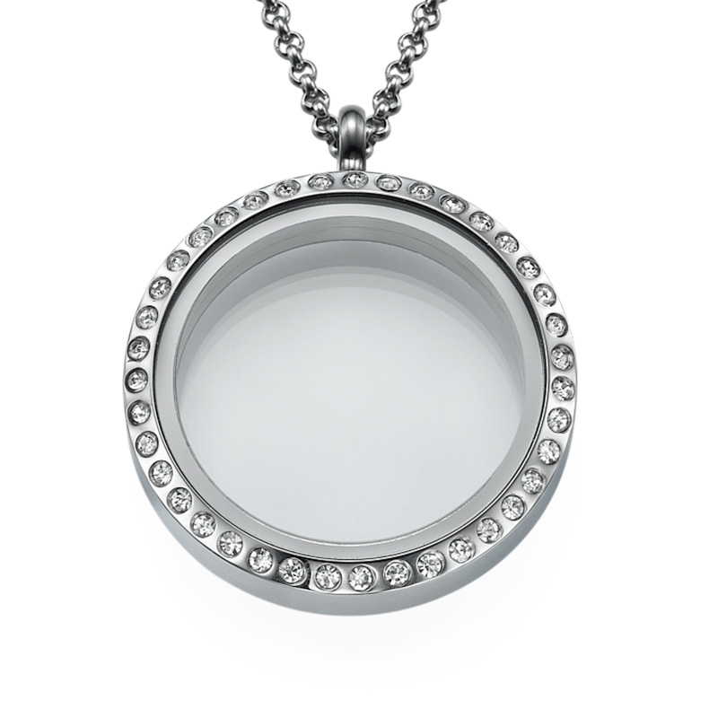 Silver Round Locket with Crystals