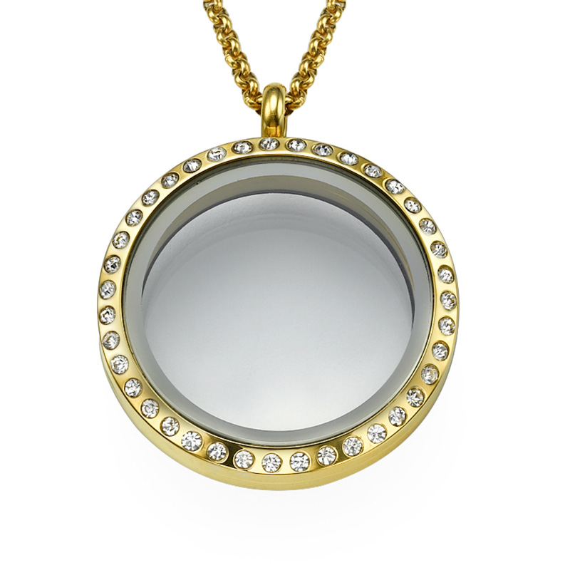 Gold Plated Round Locket Necklace with Crystals