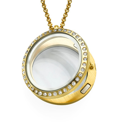 Gold Plated Round Locket Necklace with Crystals - 1
