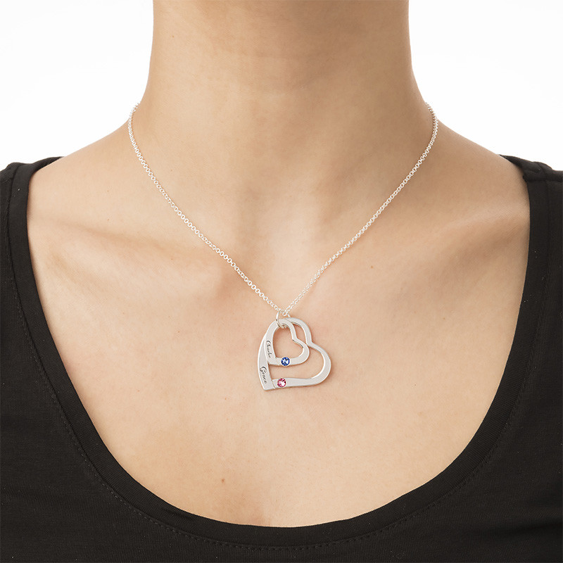 Floating Heart in Heart Necklace with Birthstones - 3