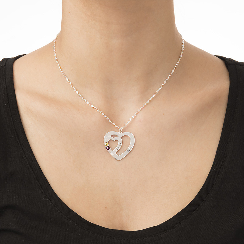 Double Heart Necklace with Birthstones - 2