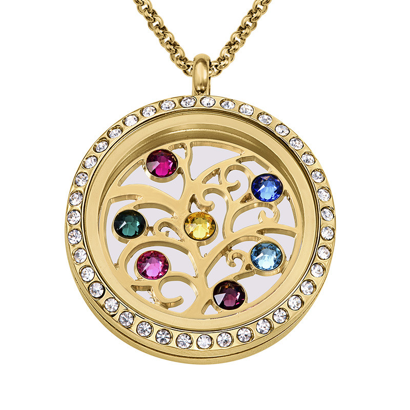 Family Tree Floating Locket with Birthstones - Gold Plated