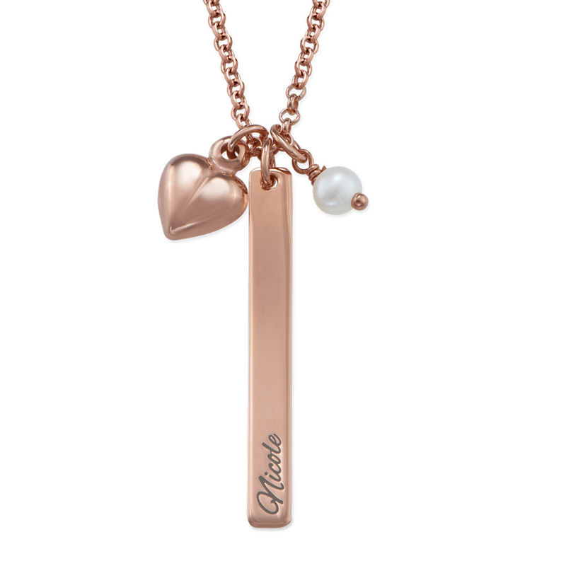 Bar Necklace with heart charm and pearl in Rose Gold Plating