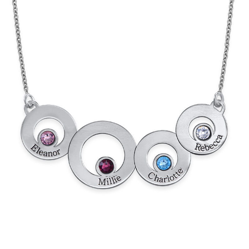 Circles Necklace with Engraving and Birthstones in Sterling Silver
