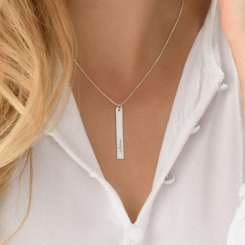 Vertical Bar  Sterling Silver Diamond Necklace - 3