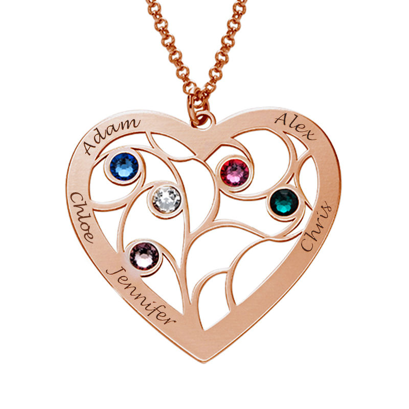Heart Family Tree Necklace with birthstones in Rose Gold Plating - 2