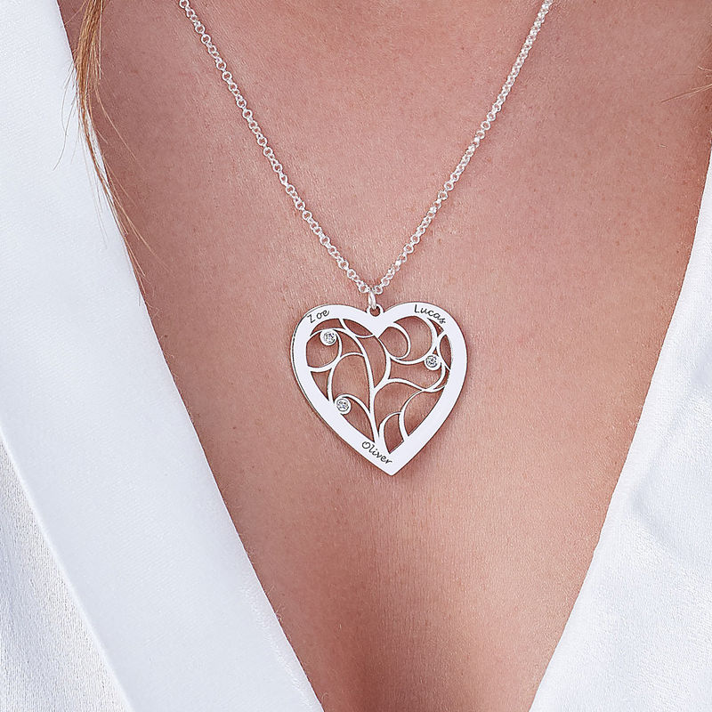 Heart Family Tree Necklace with Diamonds in Sterling Silver - 2