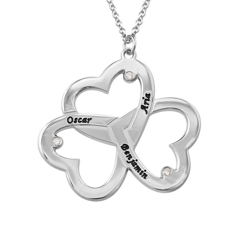 Personalized Triple Heart Necklace with Diamonds in Silver Sterling