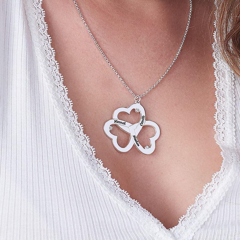 Personalized Triple Heart Necklace with Diamonds in Silver Sterling - 2