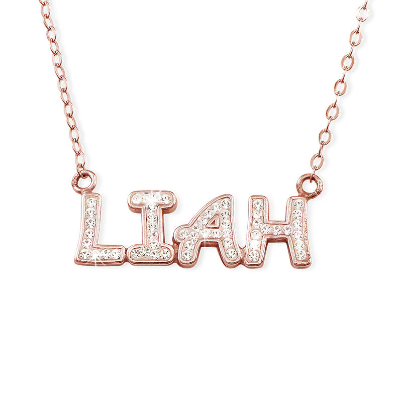 Name Necklace with Crystals in Sterling Silver with Rose Gold Plating