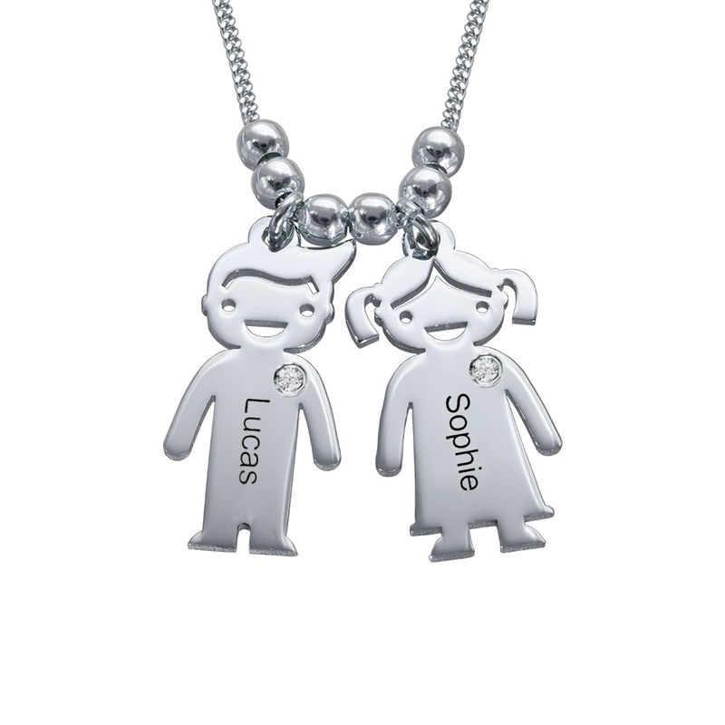 Kids Charms Mother Necklace in Sterling Silver with Diamond