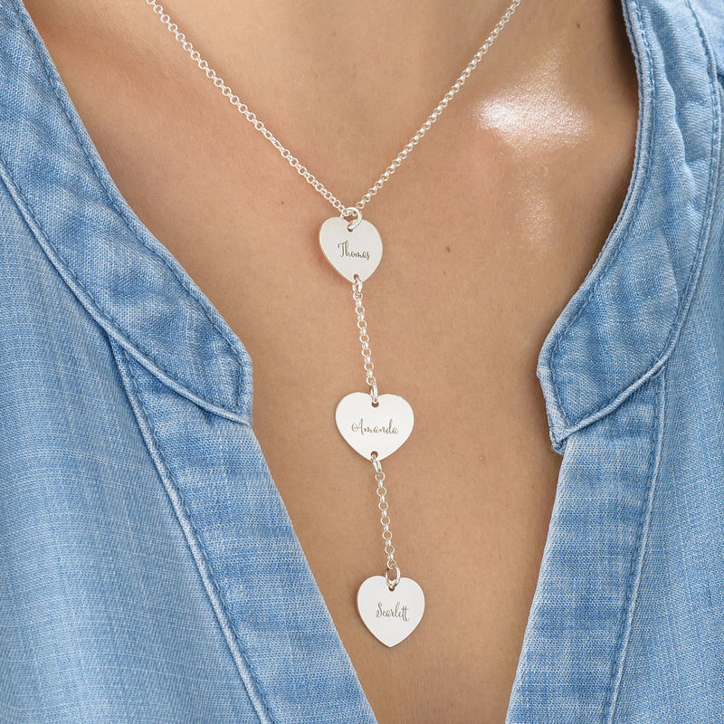 Personalized Y Necklace in Sterling Silver with Heart Shaped Pendants - 3