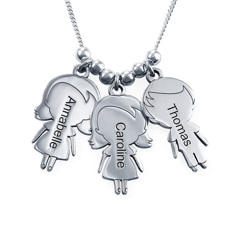 Mom Necklace with Children Charms in Sterling Silver - Shiny Finish