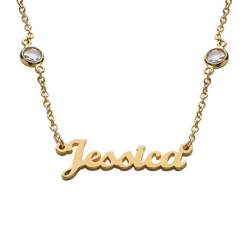 Name Necklace with Clear Crystal Stone in Gold Plating