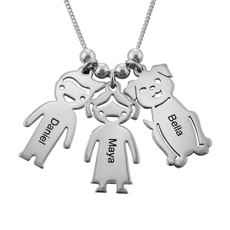 Engraved Kids Charm with Cat and Dog Charm Necklace in Silver - 1