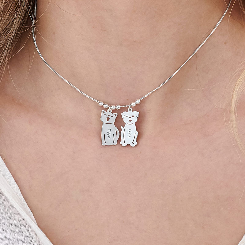 Engraved Kids Charm with Cat and Dog Charm Necklace in Silver - 5