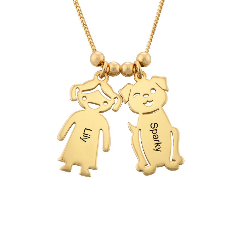Engraved Kids Charm with Cat and Dog Charm Necklace in Gold Plating - 1