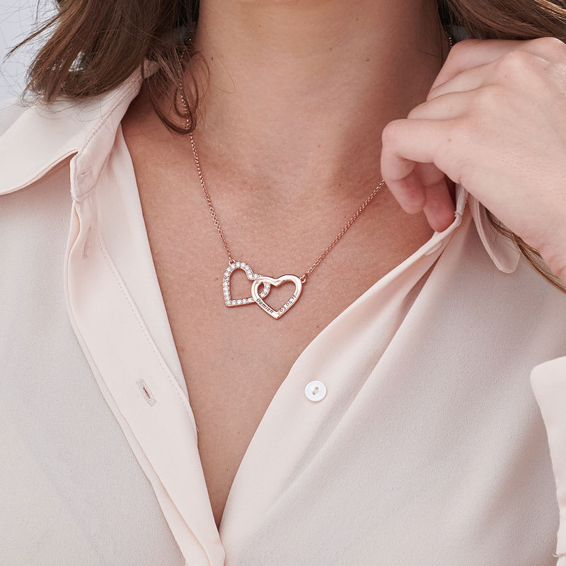 Engraved Double Heart Necklace in Rose Gold Plating - 2