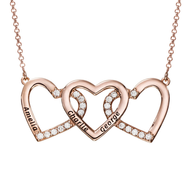 Engraved 3 Hearts Pendant Necklace in Rose Gold Plating