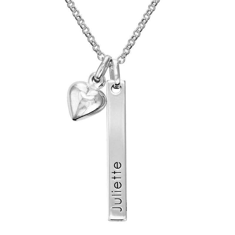 Name Bar Necklace for Girls with Heart Pendant in Sterling Silver