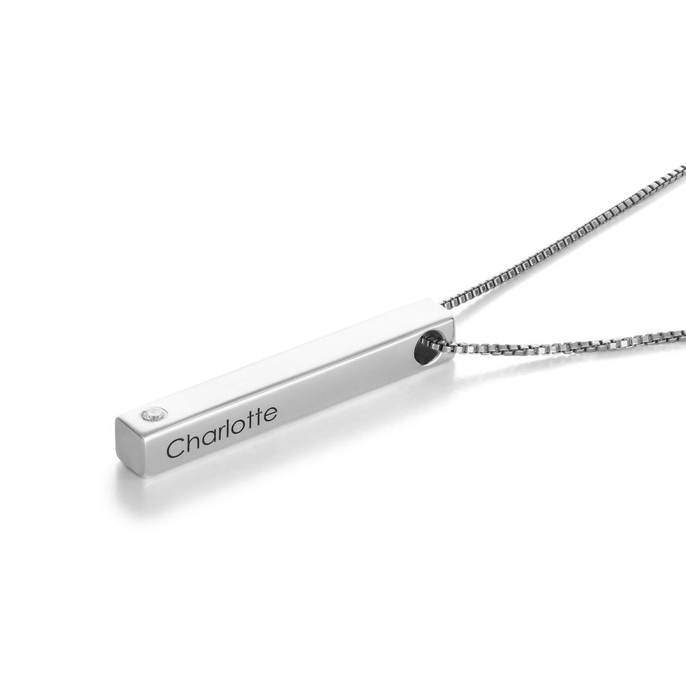 Personalized Vertical 3D Bar Necklace in Sterling Silver with a Diamond - 1