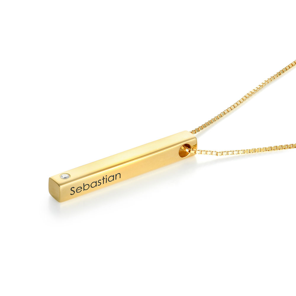Personalized Vertical 3D Bar Necklace in 18k Gold Vermeil with a Diamond - 1