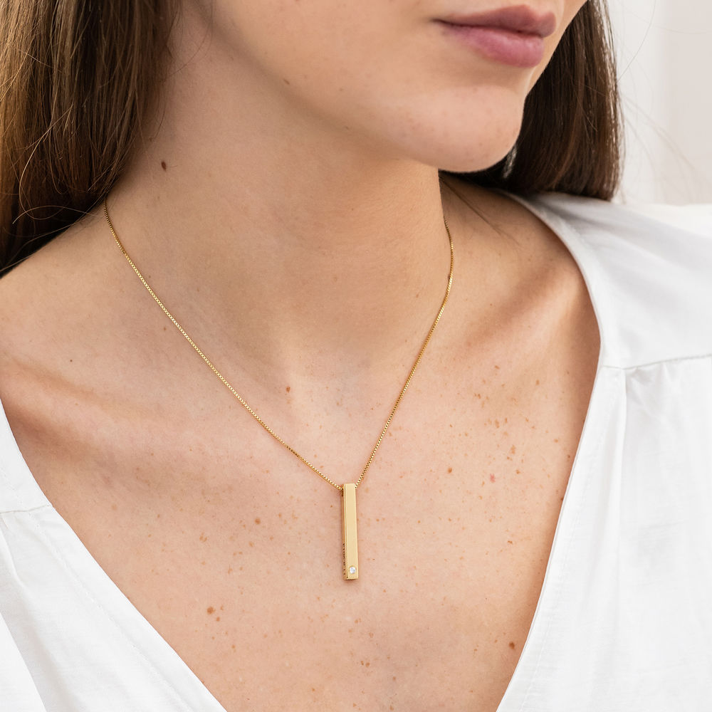 Personalized Vertical 3D Bar Necklace in 18k Gold Vermeil with a Diamond - 3