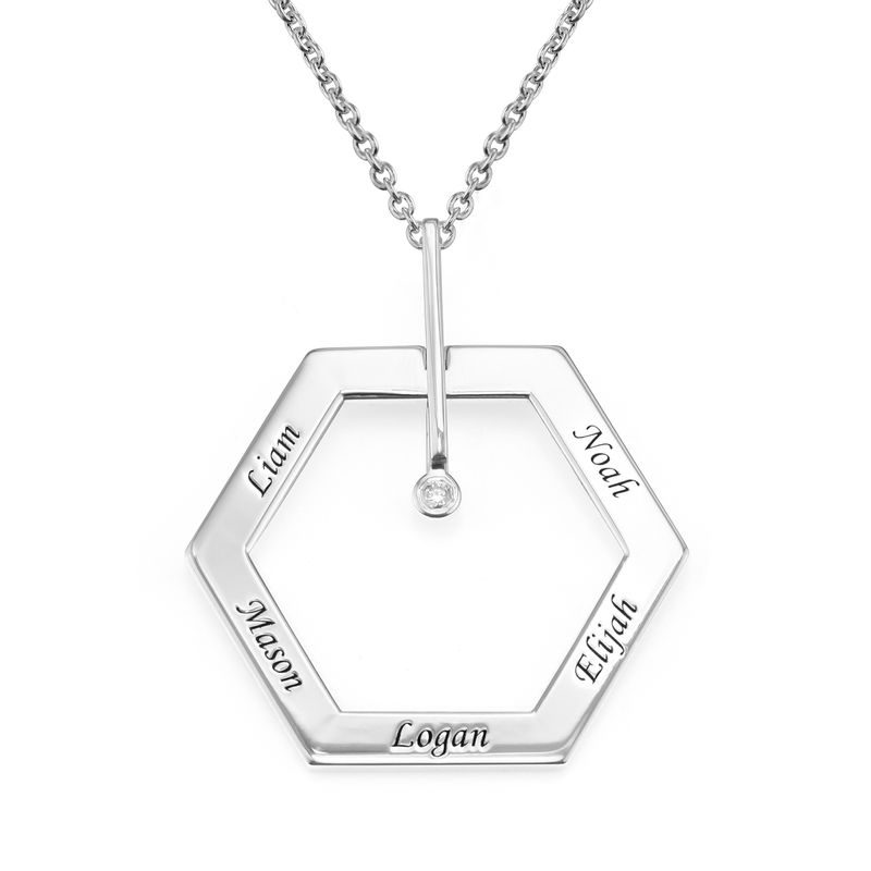 Personalized Engraved Hexagon Necklace in Sterling Silver with Diamond